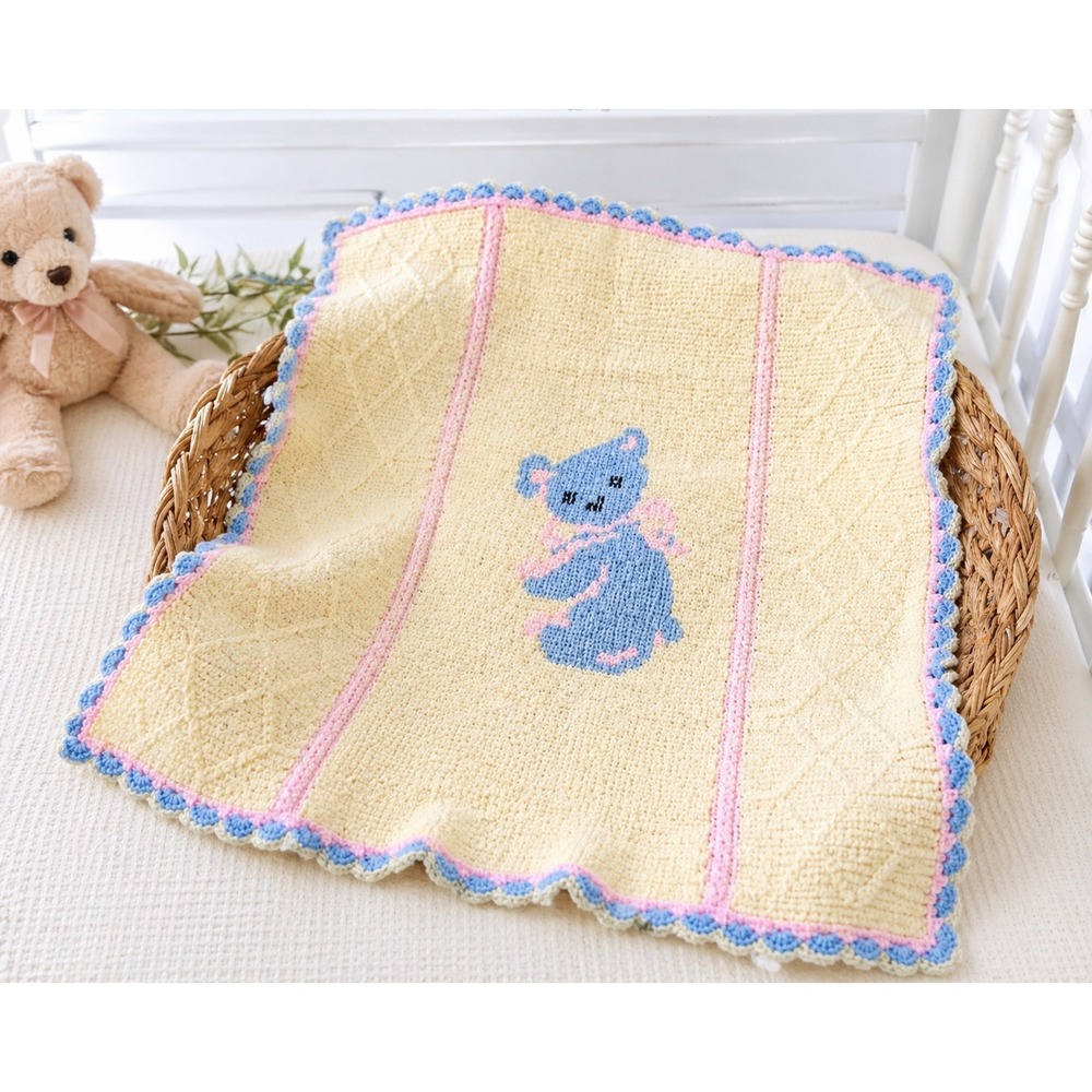 Vintage Crochet Baby Blanket Teddy Bear Pastel Nursery Afghan Handmade 35"